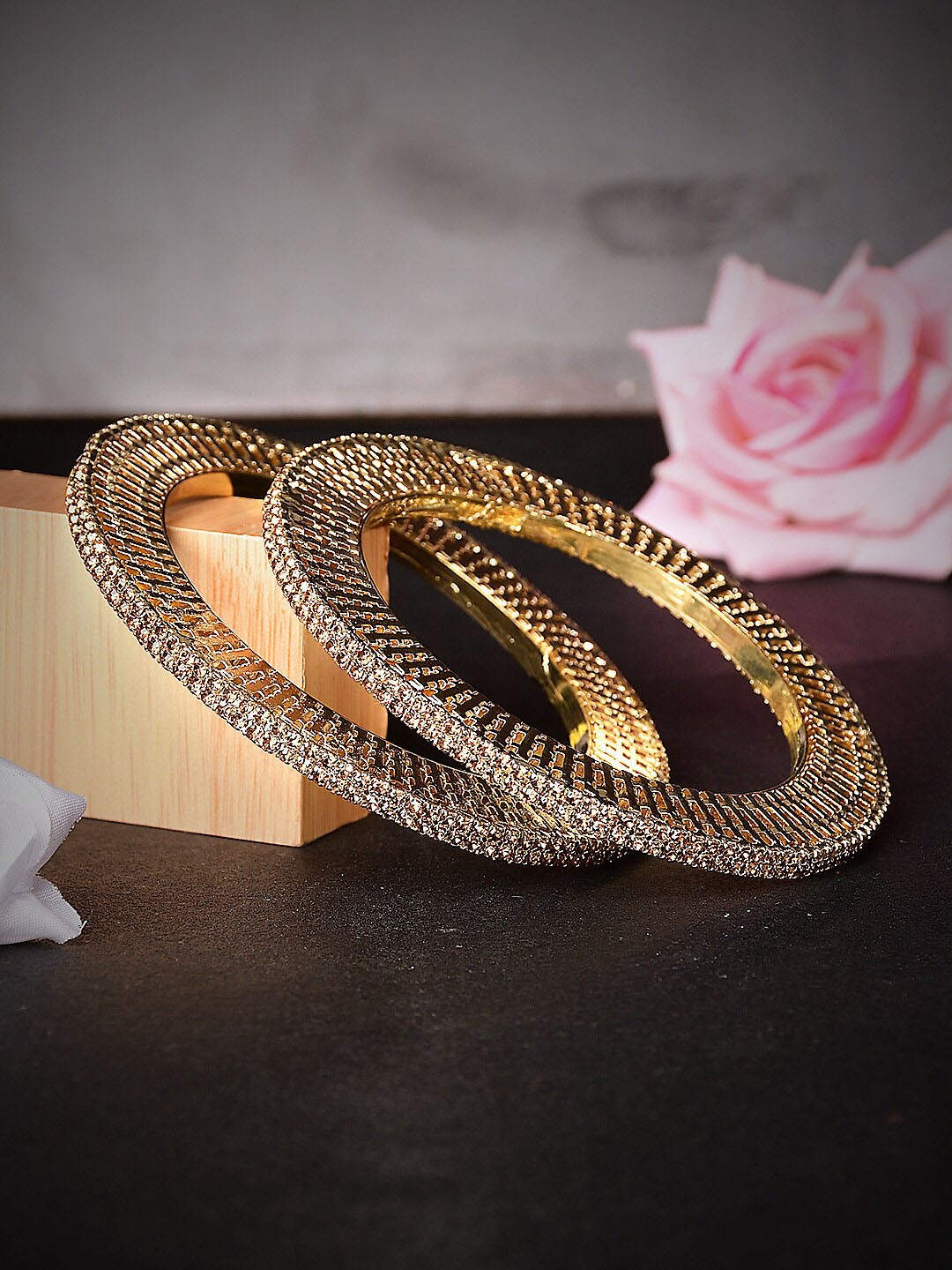 

Bamboo Tree Jewels Set Of 2 American Diamond Studded Bangles, Gold