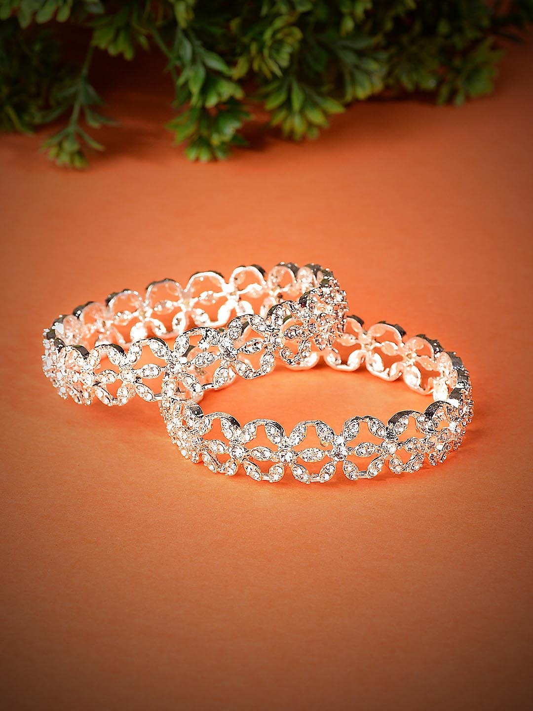 

Bamboo Tree Jewels Set Of 2 Sliver-Plated American Diamond Studded Bangles, Silver