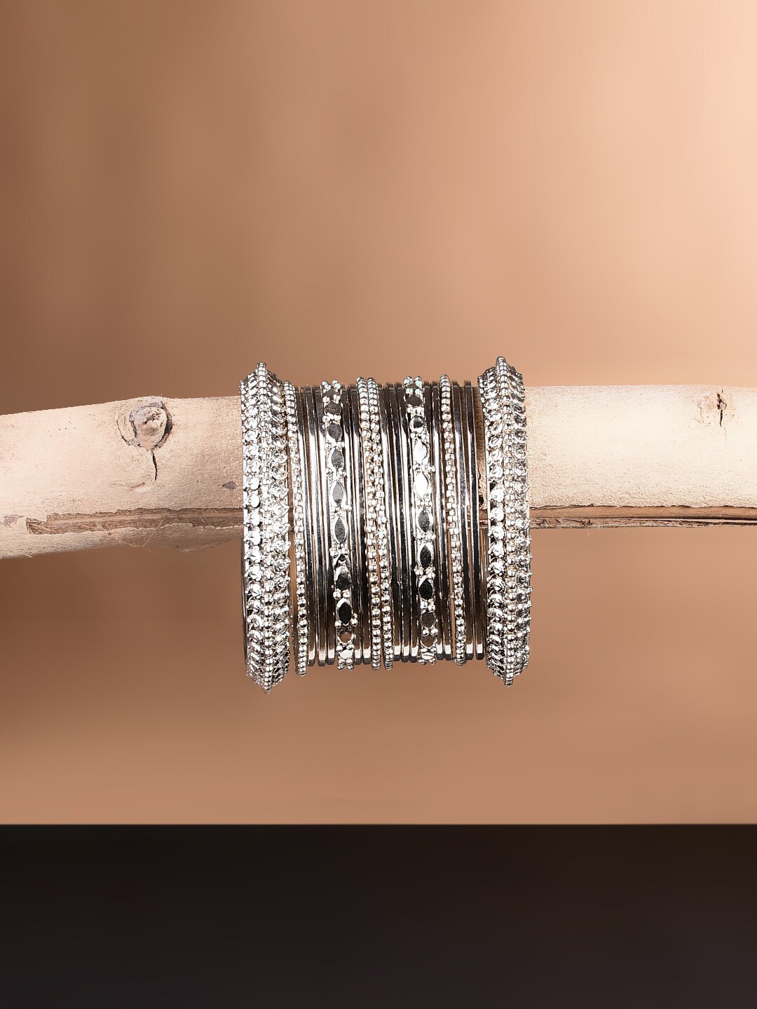 

Bamboo Tree Jewels Set Of 20 Intricate Textured Bangles, Silver