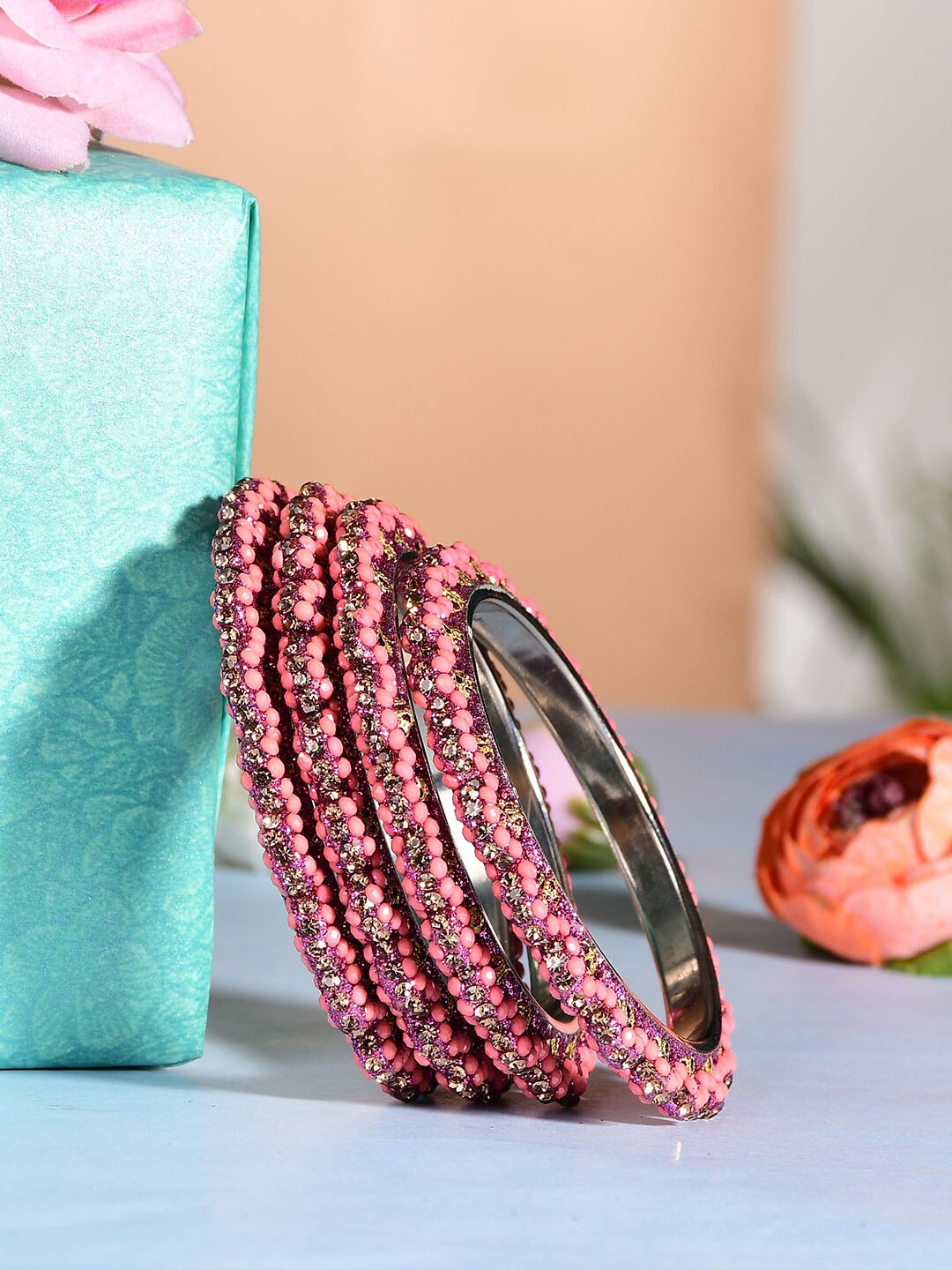 

Bamboo Tree Jewels Set of 4 Beaded Bangles, Gold