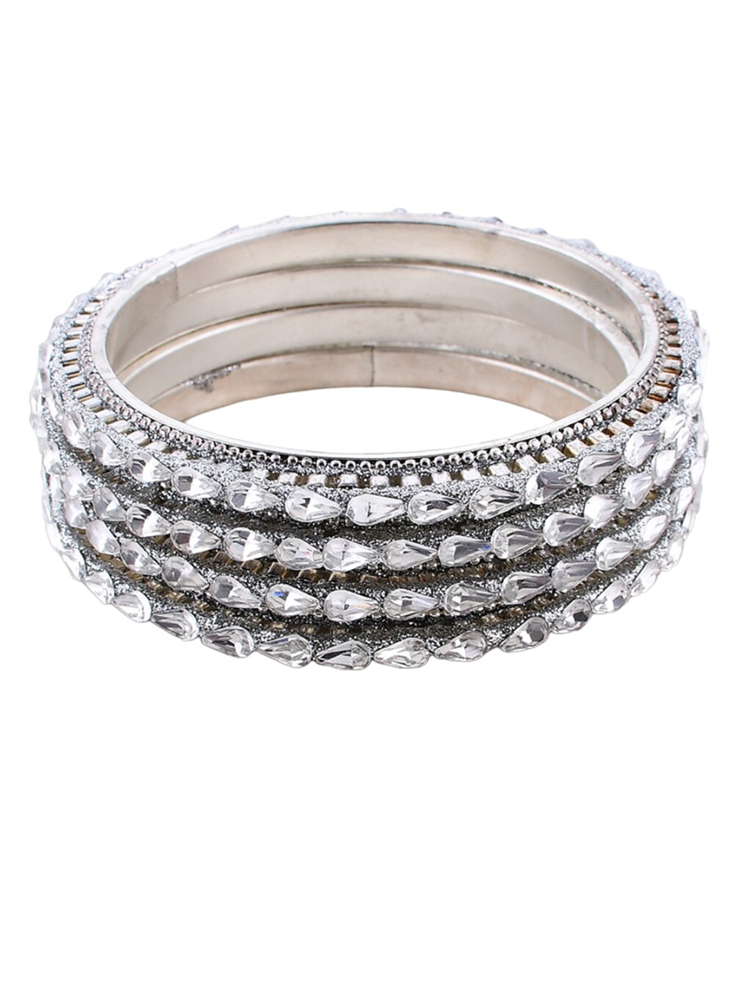 

Bamboo Tree Jewels Set Of 4 American Diamond Studded Bangles, Silver