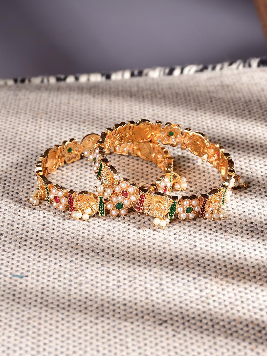

Bamboo Tree Jewels Set of 2 Gold-Plated Kundan Stone Studded Bangles