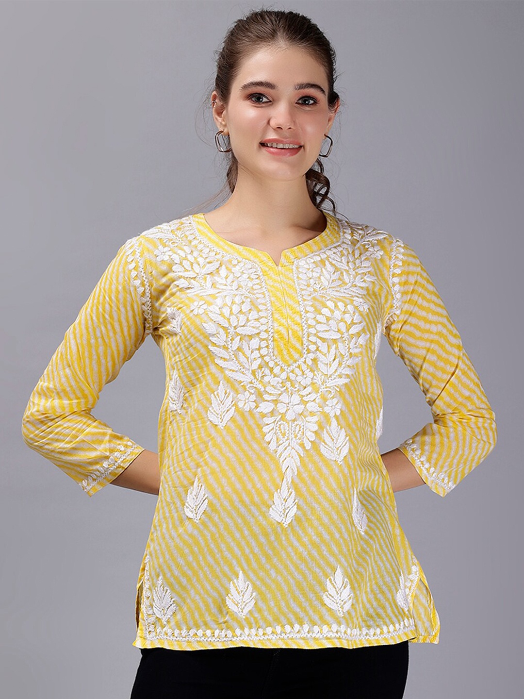 

Seva Chikan Floral Embroidered Chikankari Leheriya Kurti, Yellow