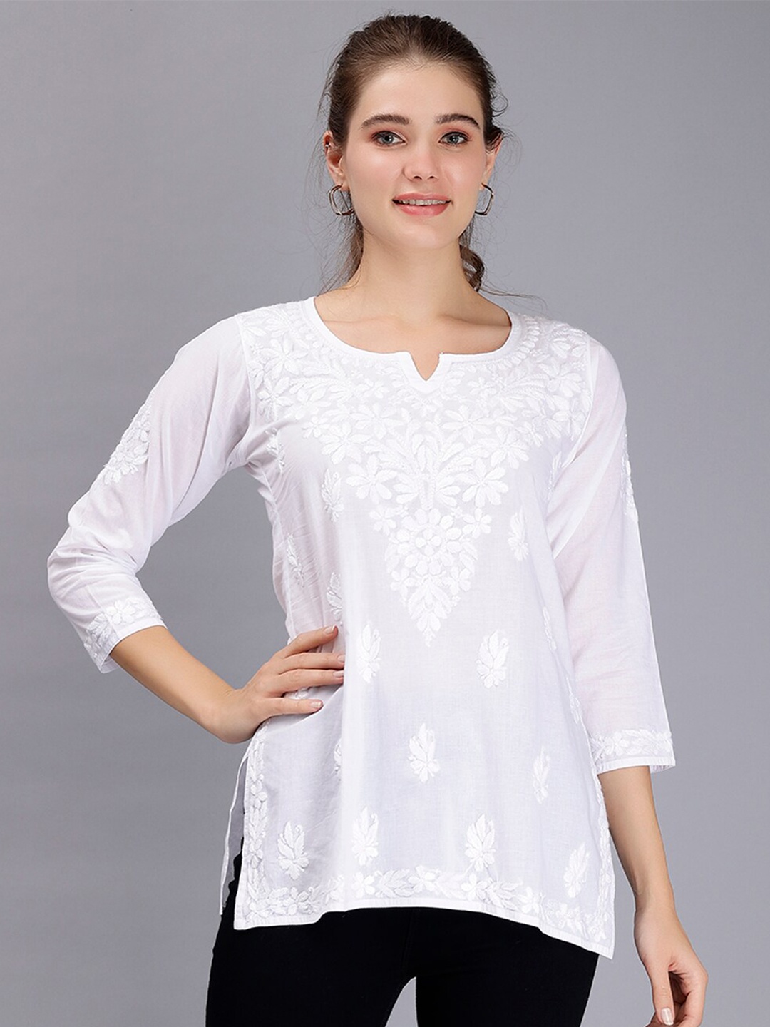 

Seva Chikan Ethnic Motifs Embroidered Lucknowi Chikankari Kurti, White