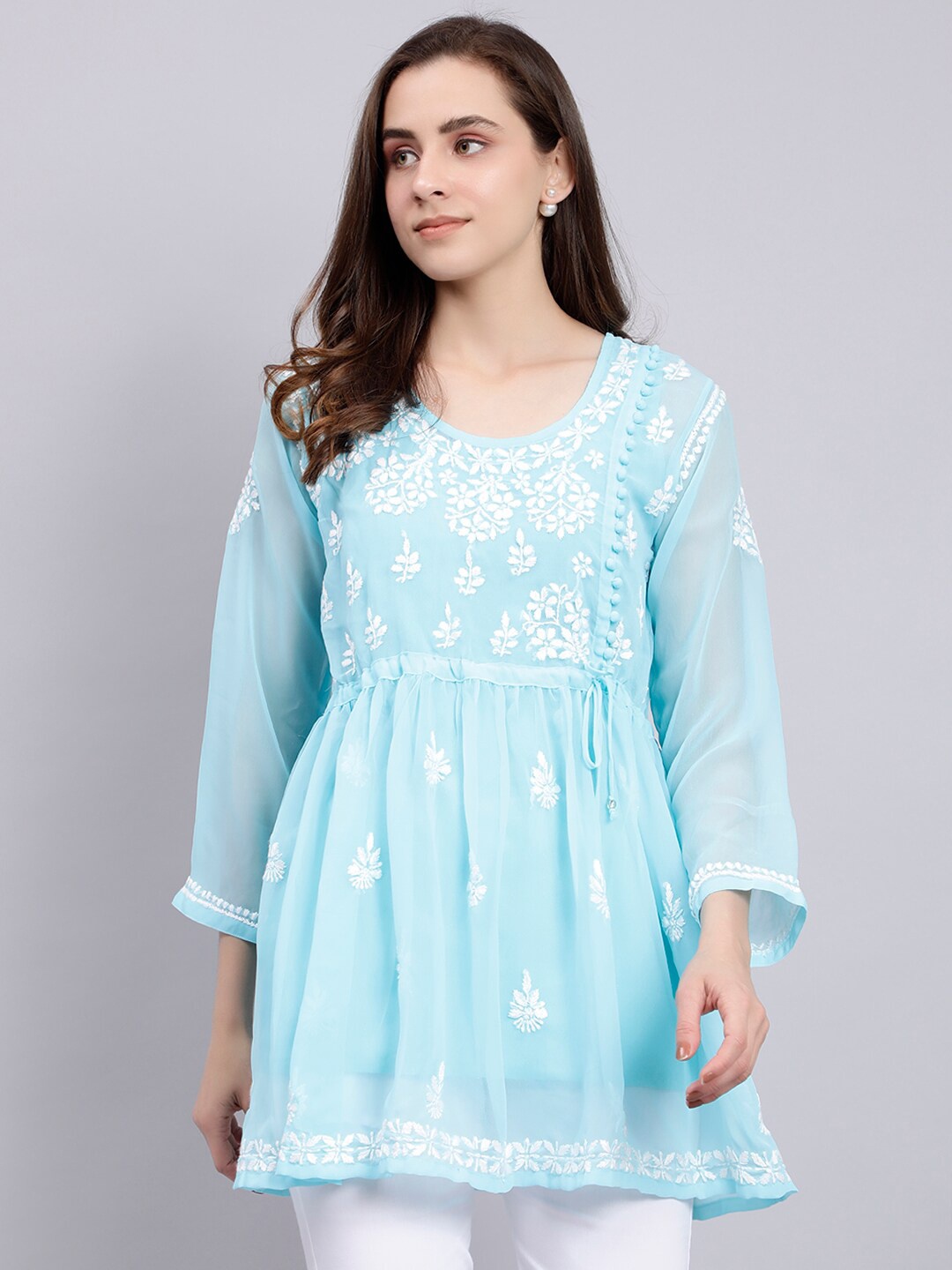 

Seva Chikan Ethnic Motifs Embroidered Chikankari A-Line Kurti With Slip, Blue