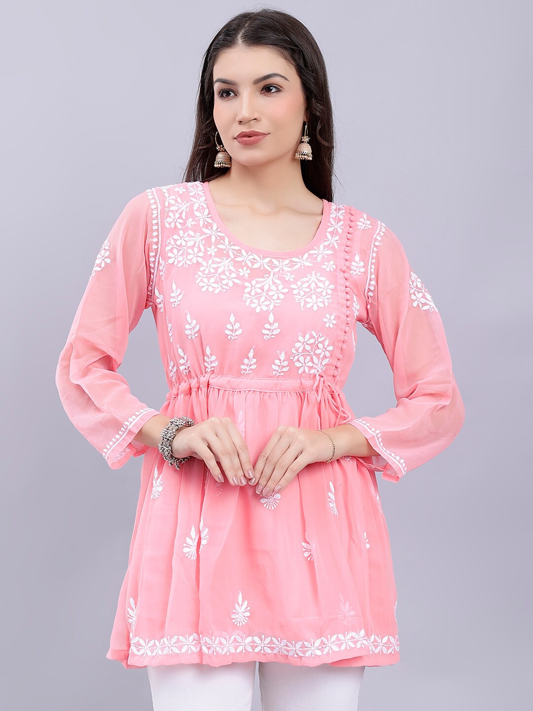 

Seva Chikan Floral Embroidered Chikankari A-line Kurti With Slip, Peach