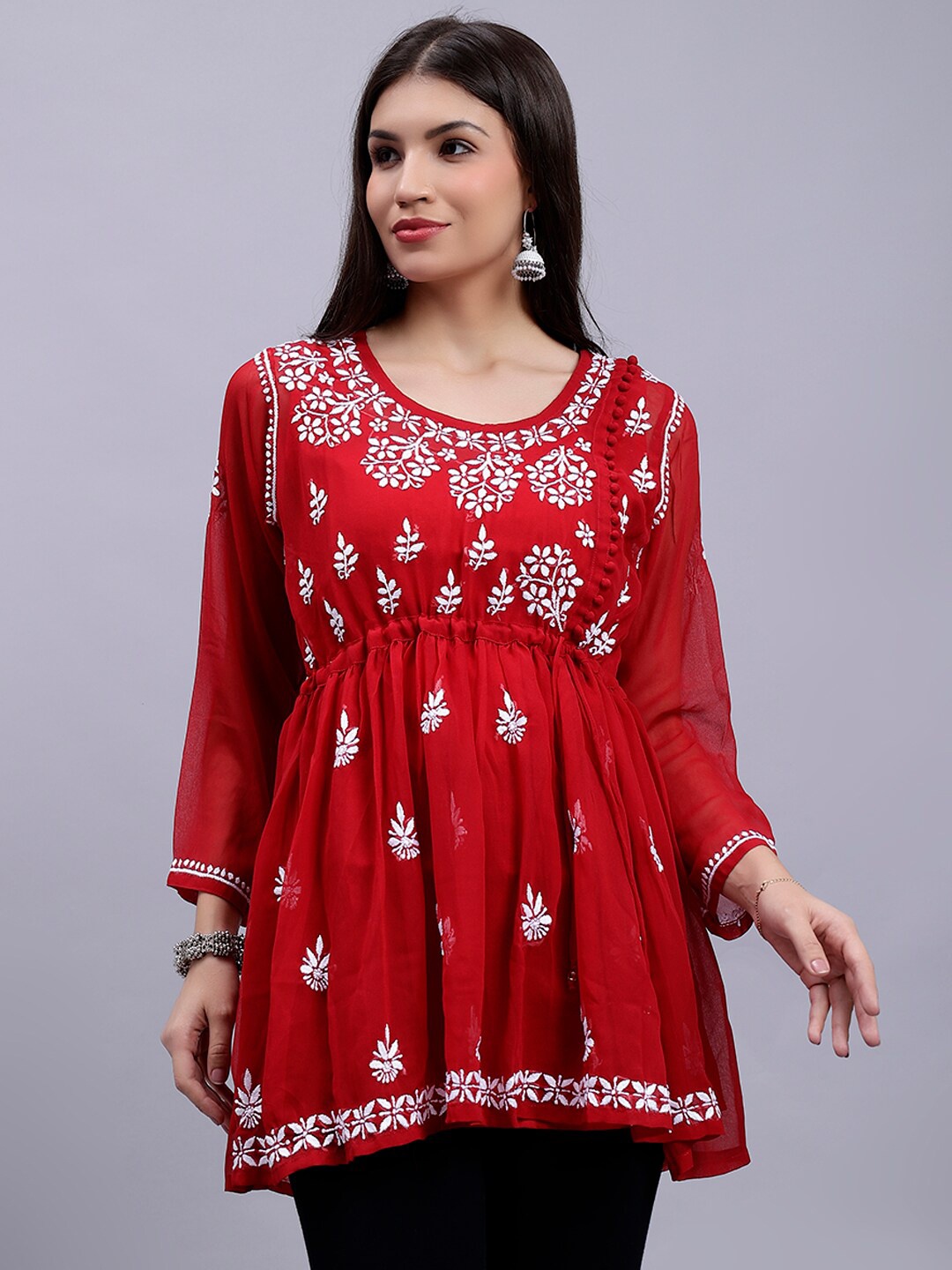 

Seva Chikan Paisley Embroidered Lucknowi Chikankari A-Line Kurti, Maroon