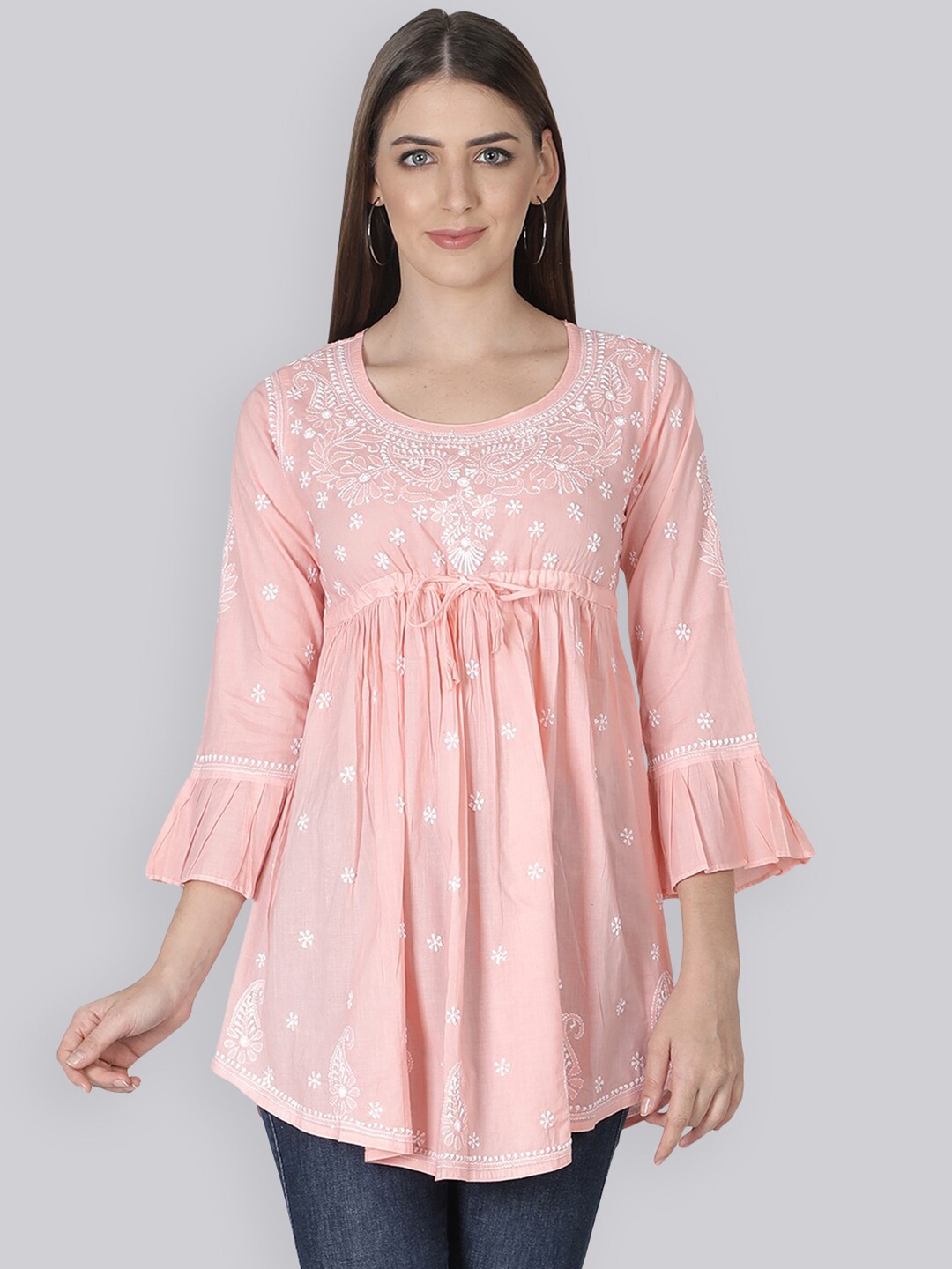 

Seva Chikan Ethnic Motifs Embroidered Lucknowi Chikankari A-Line Kurti, Peach