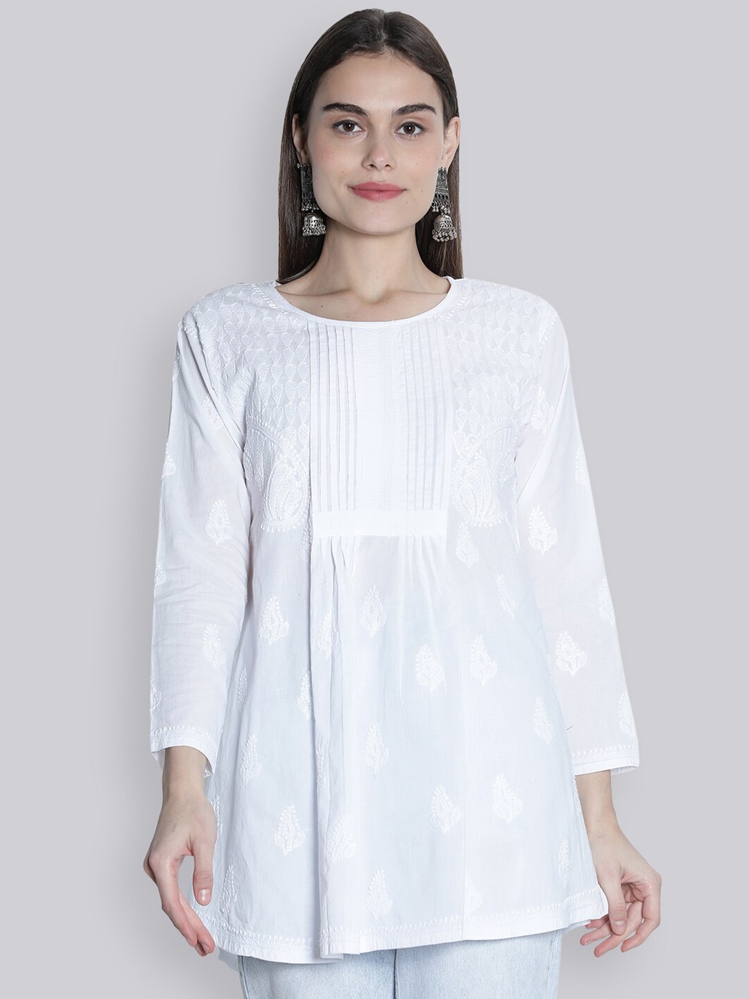 

Seva Chikan Ethnic Motifs Embroidered Lucknowi Chikankari A-Line Kurti, White