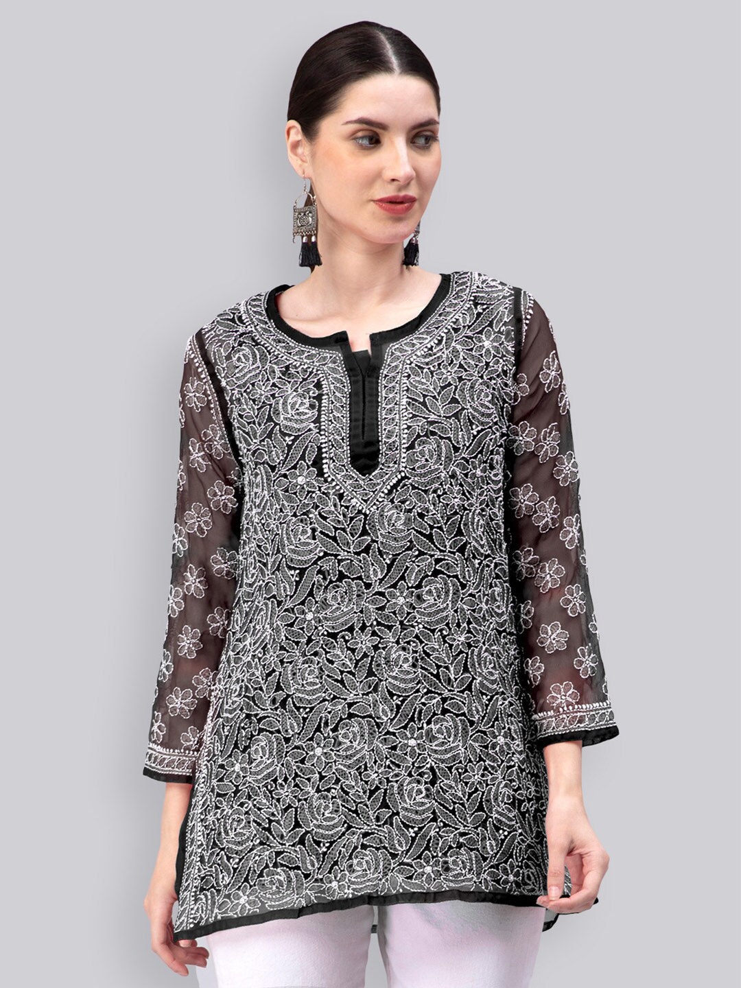 

Seva Chikan Ethnic Motifs Embroidered Lucknowi Chikankari Straight Kurti, Black