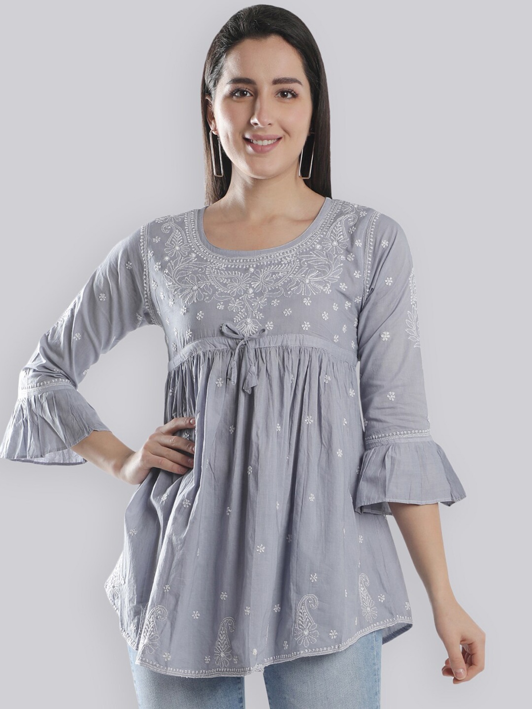 

Seva Chikan Ethnic Motifs Embroidered Lucknowi Chikankari A-Line Kurti, Grey