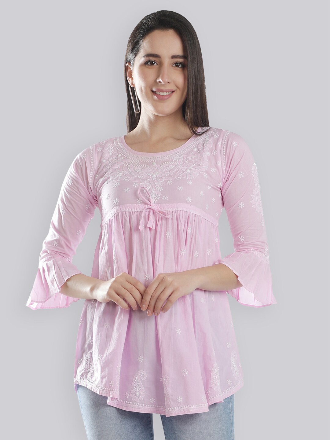 

Seva Chikan Ethnic Motifs Embroidered Lucknowi Chikankari Bell Sleeves Empire A-Line Kurti, Pink