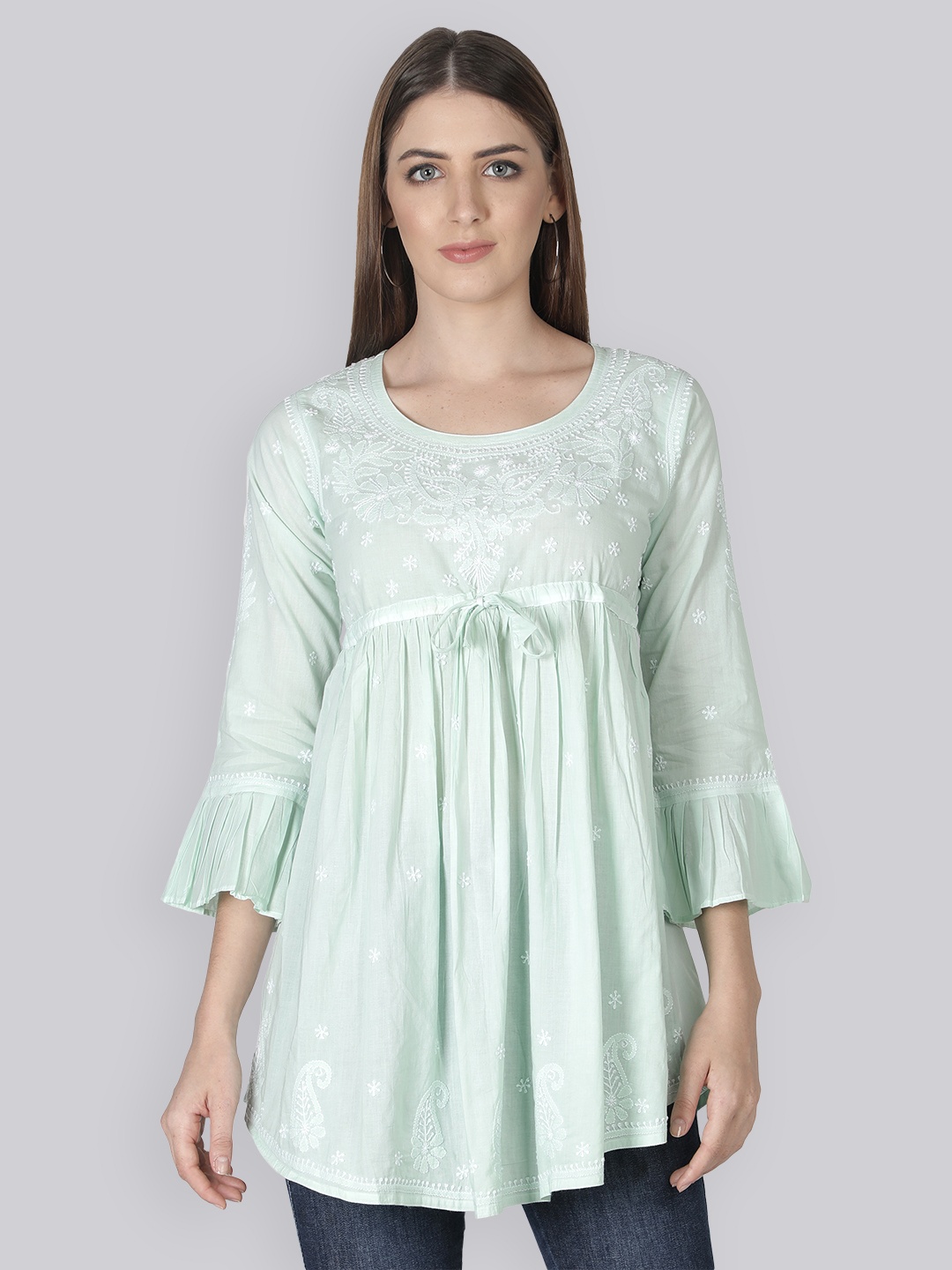 

Seva Chikan Ethnic Motifs Embroidered Cotton Lucknowi Chikankari A-Line Kurti, Green