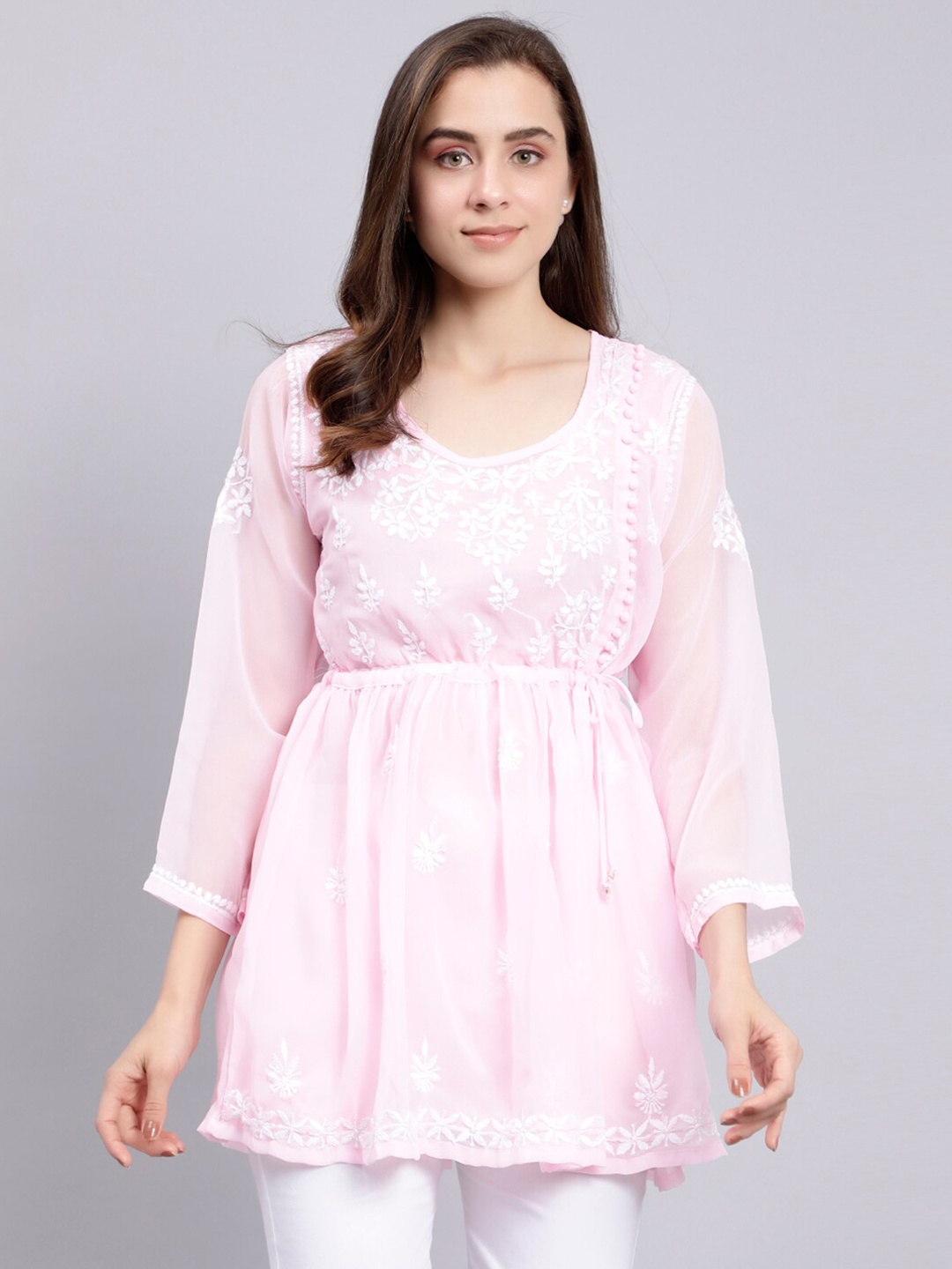 

Seva Chikan Floral Embroidered Chikankari A-Line Kurti With Slip, Pink