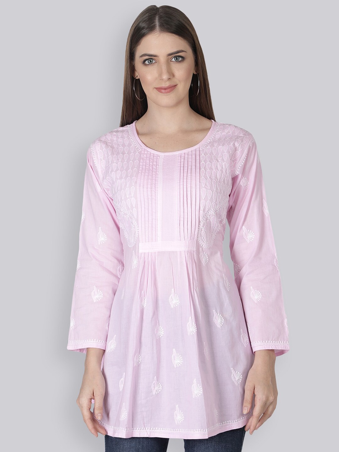 

Seva Chikan Floral Embroidered Pure Cotton Chikankari A-Line Kurti, Pink