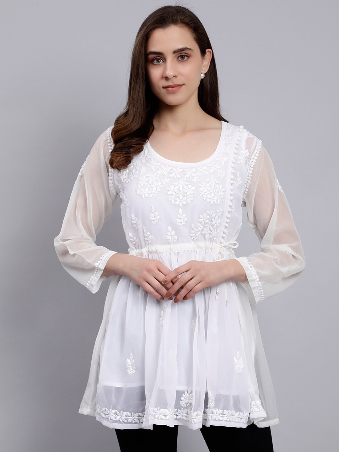 

Seva Chikan Floral Embroidered Chikankari A-Line Kurti With Inner, White