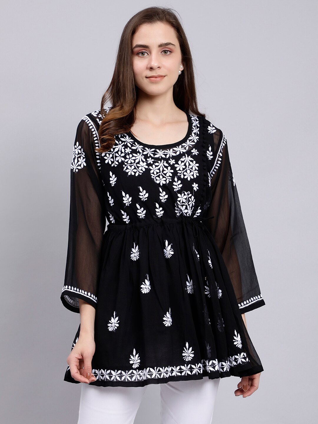 

Seva Chikan Floral Embroidered Chikankari A-Line Kurti With Slip, Black