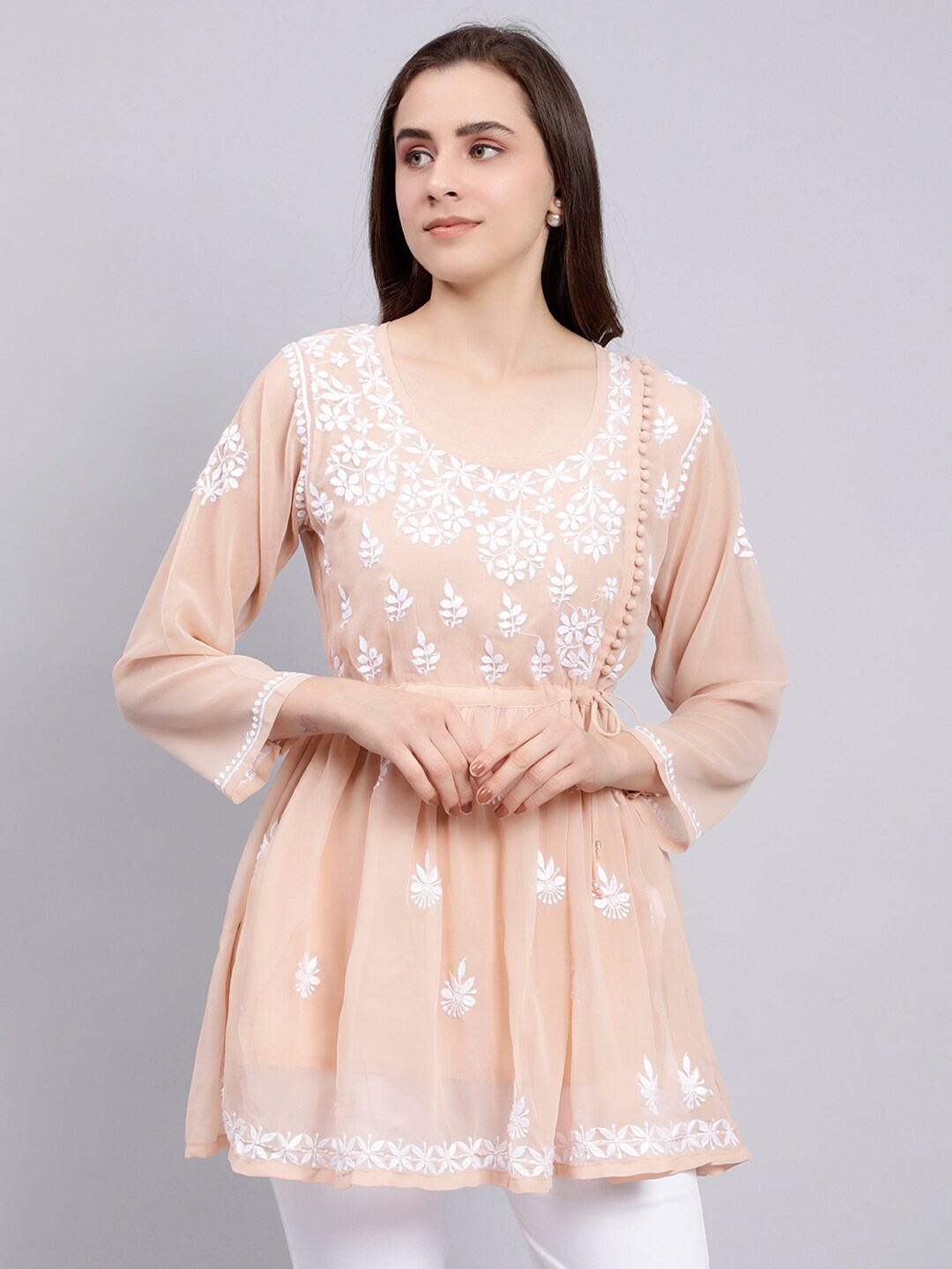 

Seva Chikan Ethnic Motifs Embroidered Lucknowi Chikankari A-Line Kurti, Beige