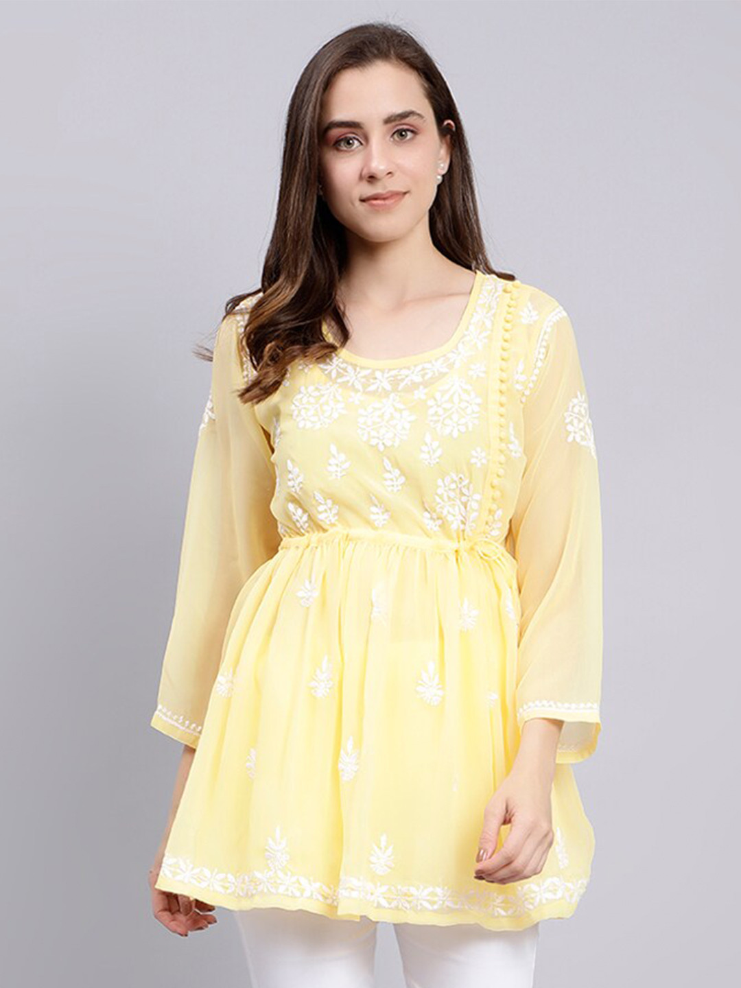 

Seva Chikan Floral Embroidered Chikankari A-line Kurti With Slip, Yellow