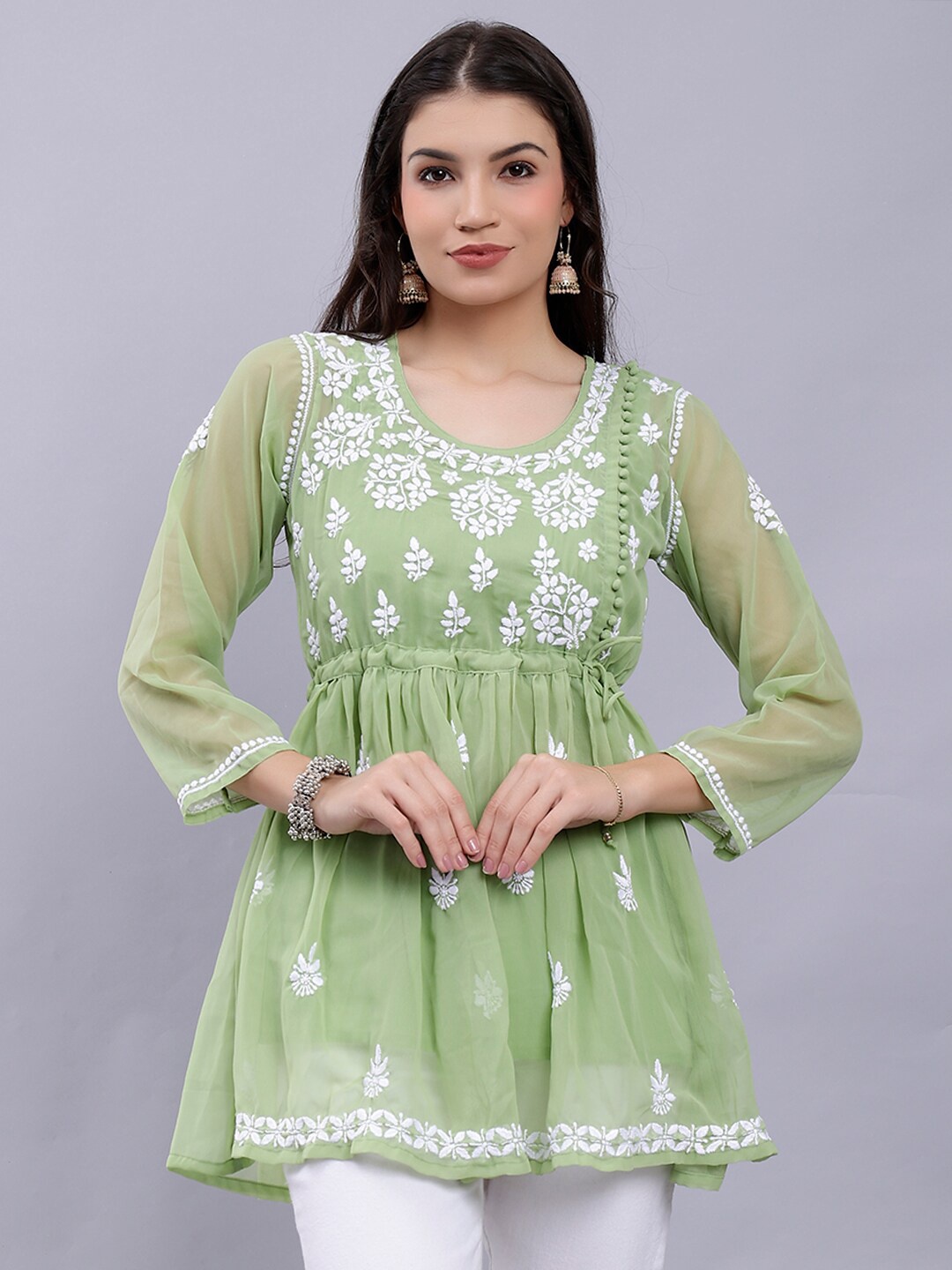 

Seva Chikan Floral Embroidered Chikankari A-line Kurti With Slip, Green