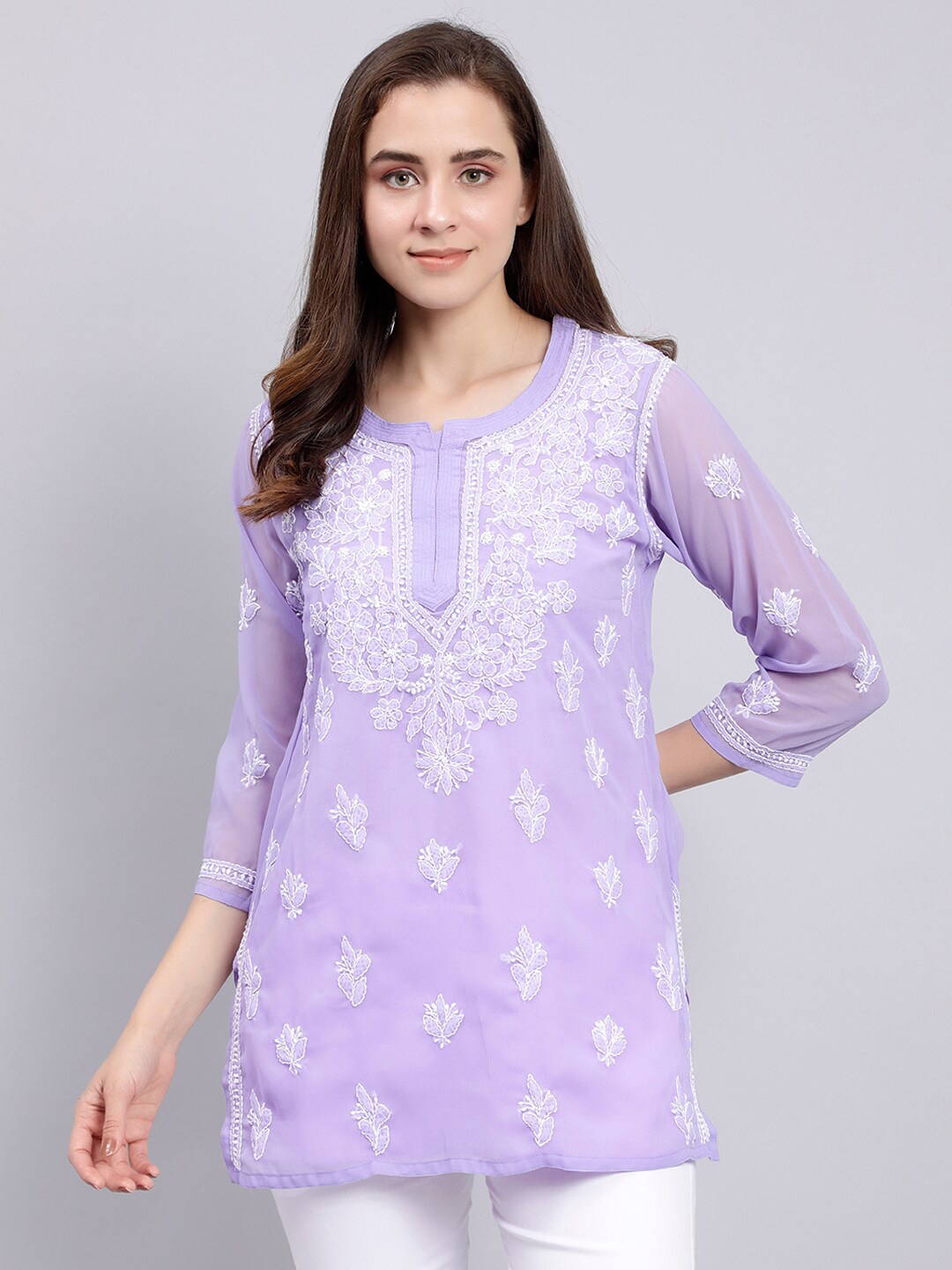 

Seva Chikan Ethnic Motifs Chikankari Embroidered Kurti With Camisole, Mauve