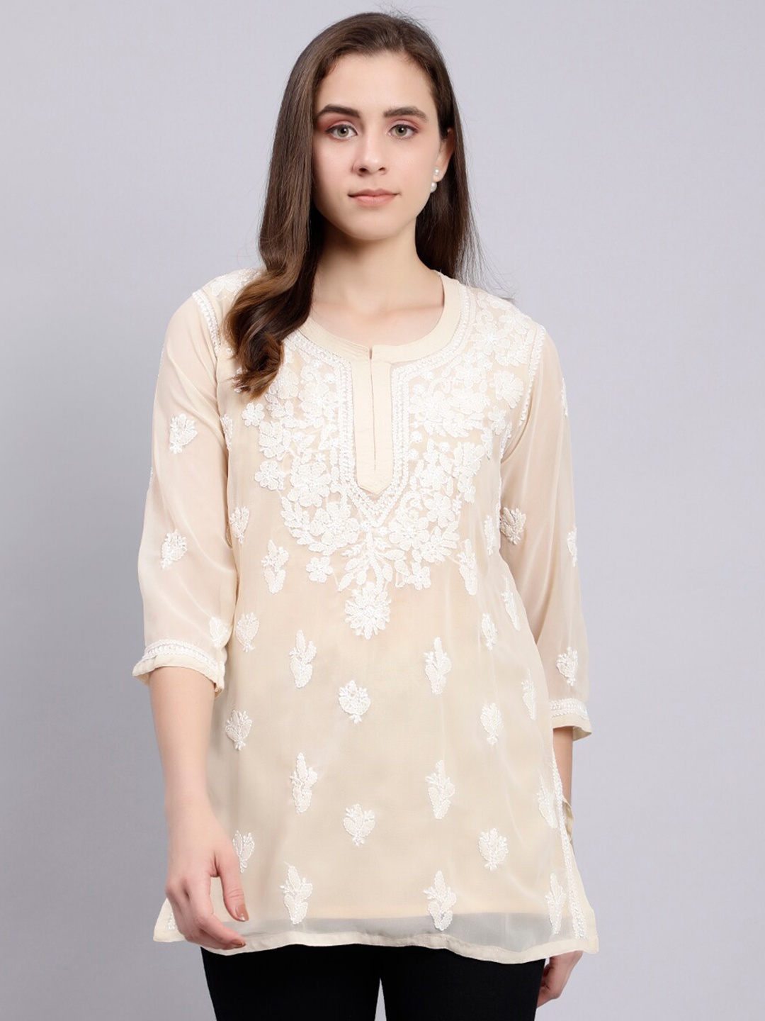 

Seva Chikan Floral Embroidered Chikankari Straight Kurti With Slip, Beige