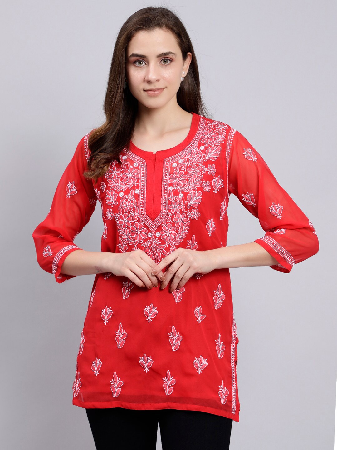 

Seva Chikan Floral Embroidered Chikankari Straight Kurti With Slip, Red