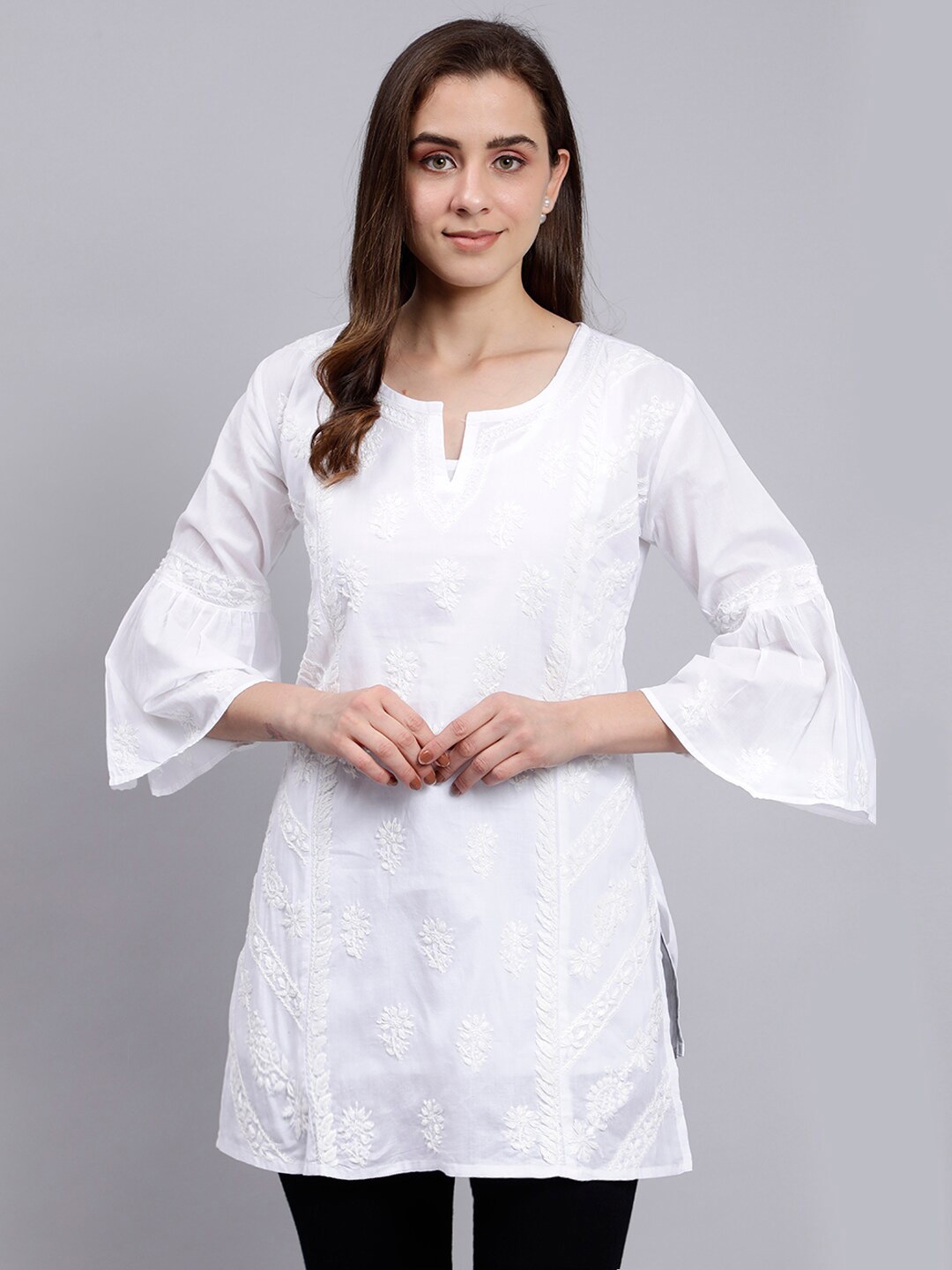 

Seva Chikan Floral Embroidered Pure Cotton Bell Sleeves Chikankari Kurti, White