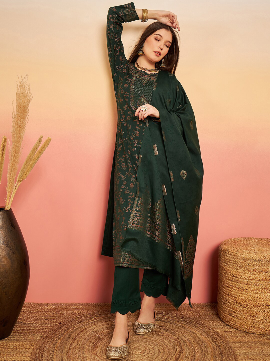 

HK colours of fashion Unstitched Dress Material, Green