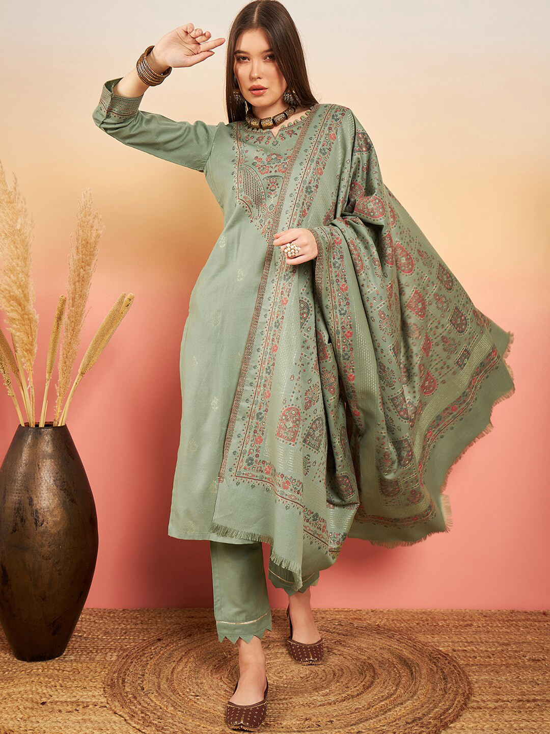 

HK colours of fashion Floral Woven Design Unstitched Dress Material, Green