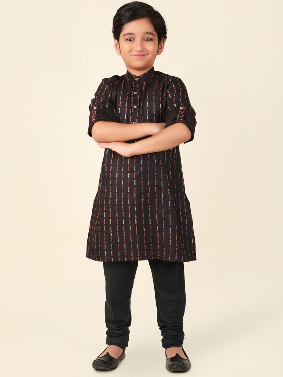 

Fabindia Boys Striped Woven Design Straight Kurta, Black