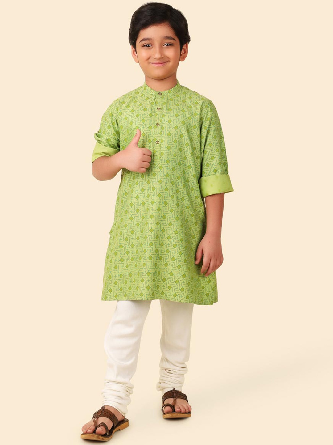 

Fabindia Boys Ethnic Motifs Printed Band Collar Cotton Straight Kurta, Green