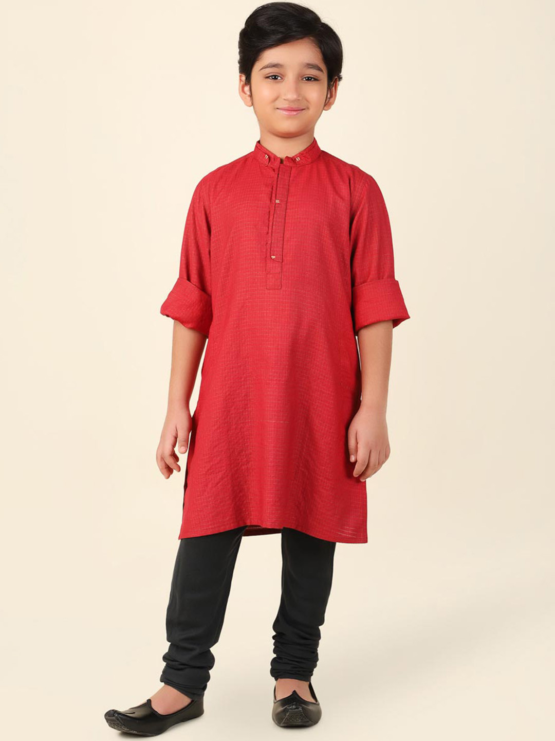 

Fabindia Boys Checked Mandarin Collar Kurta, Red