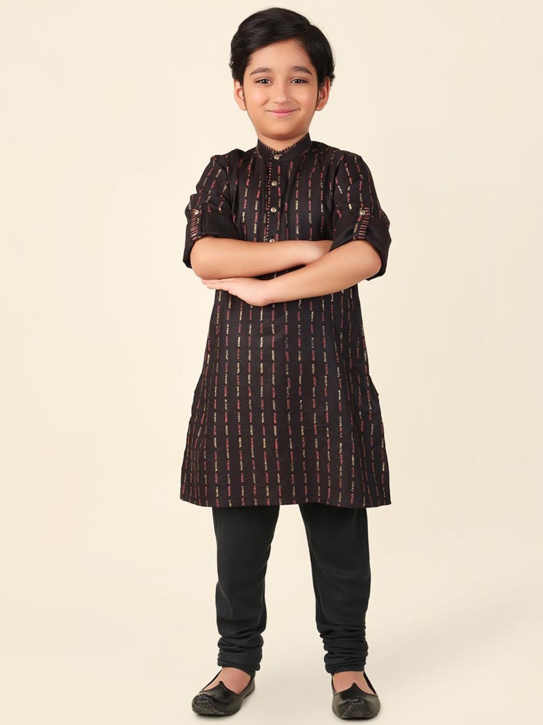 

Fabindia Boys Woven Designed Band Collar Straight Kurta, Black
