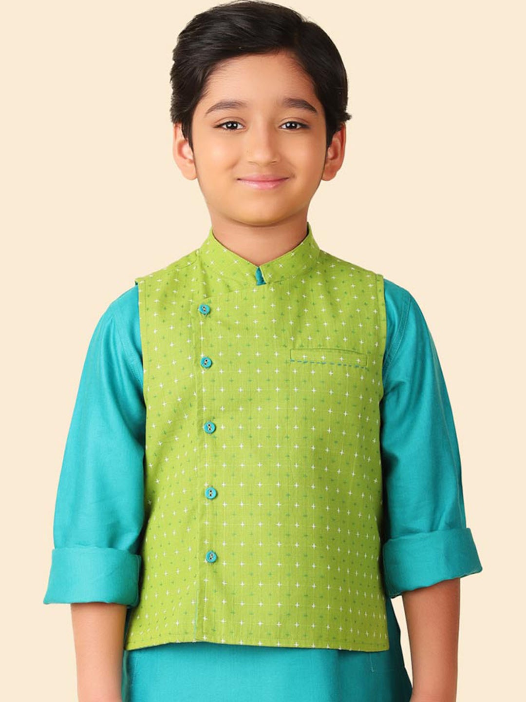 

Fabindia Boys Printed Cotton Tailored Jacket, Green