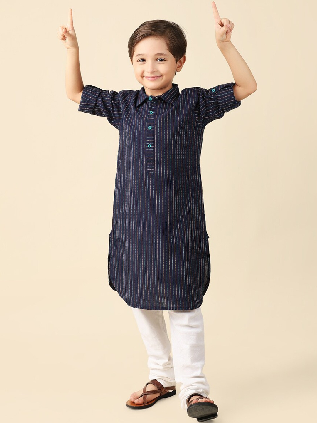

Fabindia Boys Striped Embroidered Shirt Collar Cotton Kurta, Blue