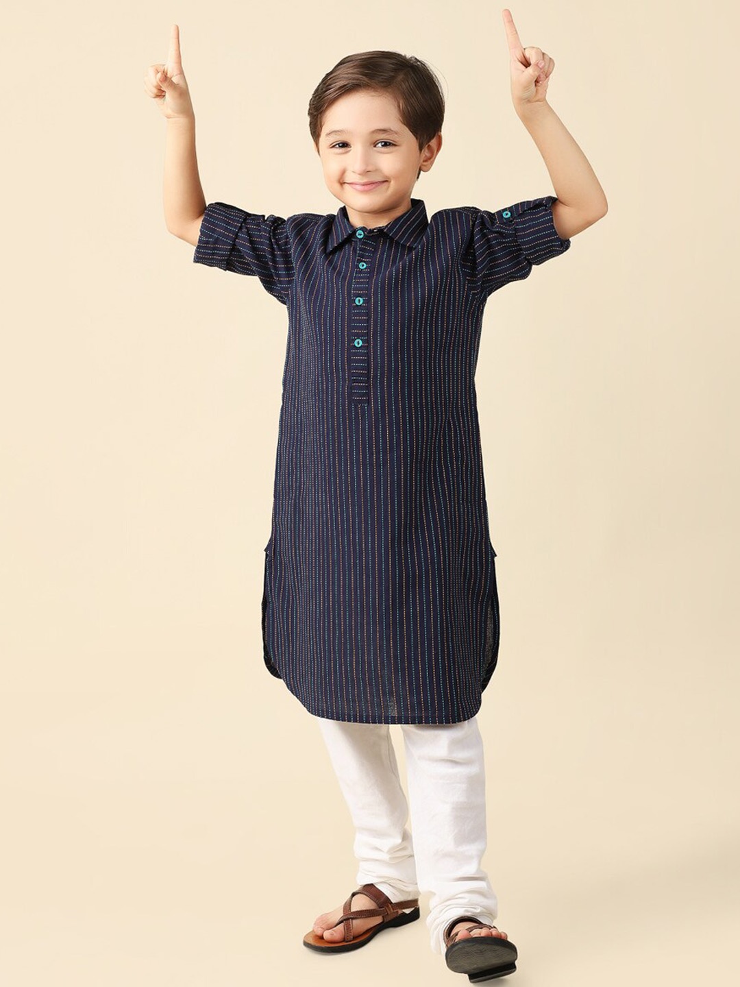 

Fabindia Boys Striped Thread Work Pathani Kurta, Navy blue