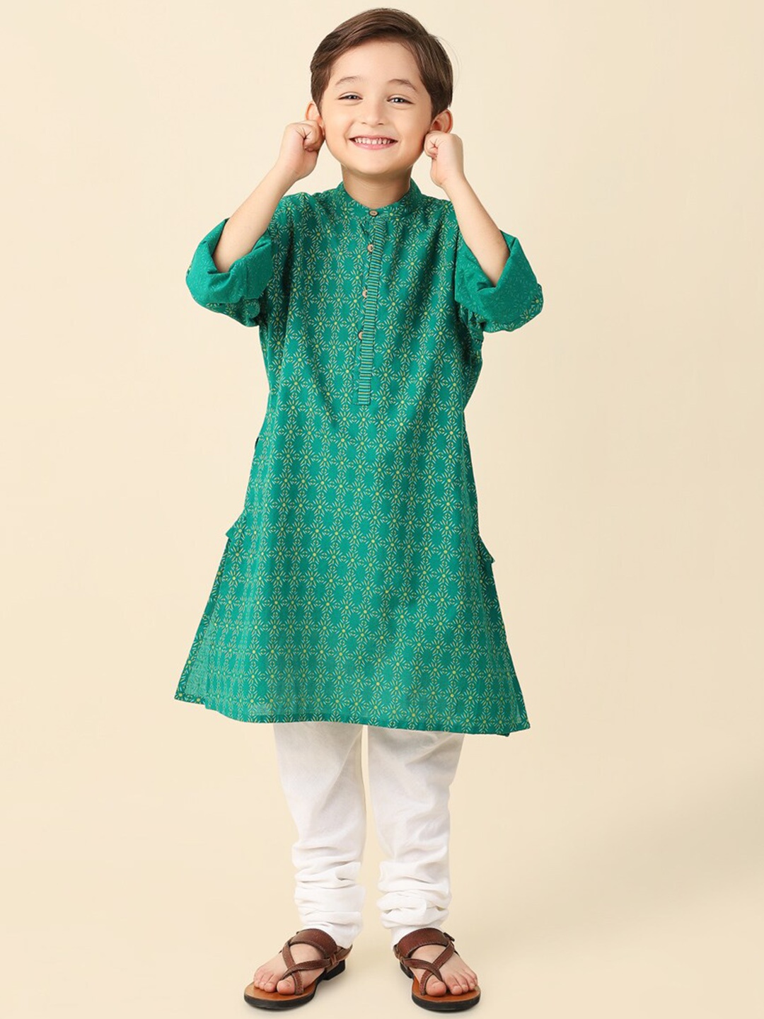 

Fabindia Boys Ethnic Motifs Printed Cotton Kurta, Green