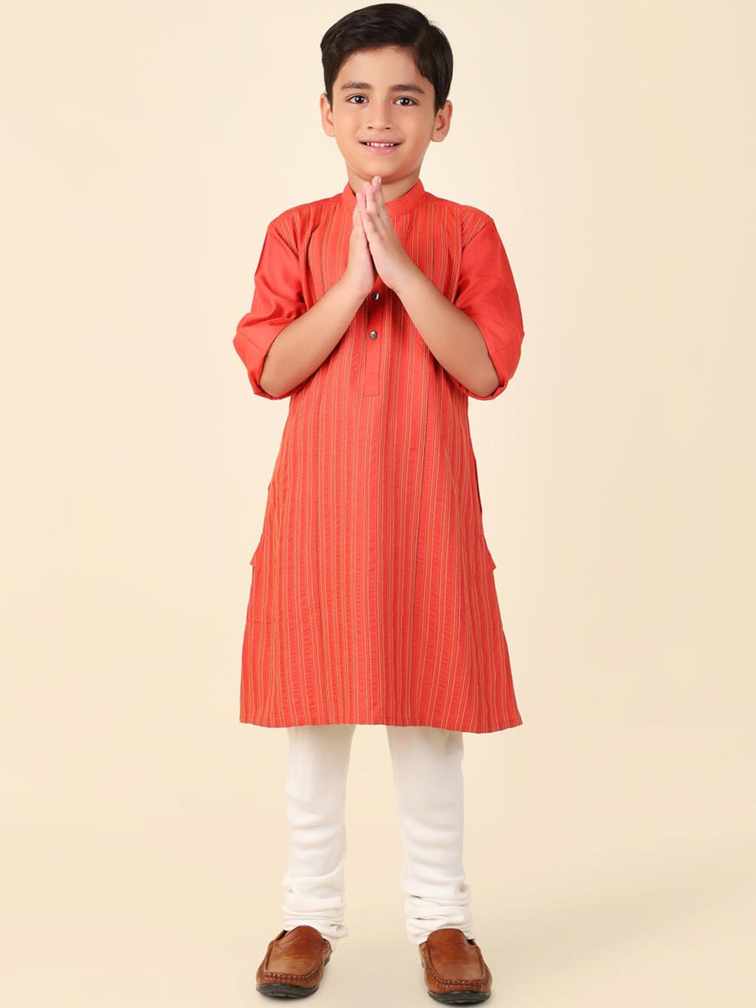 

Fabindia Boys Striped Band Collar Straight Kurta, Rust