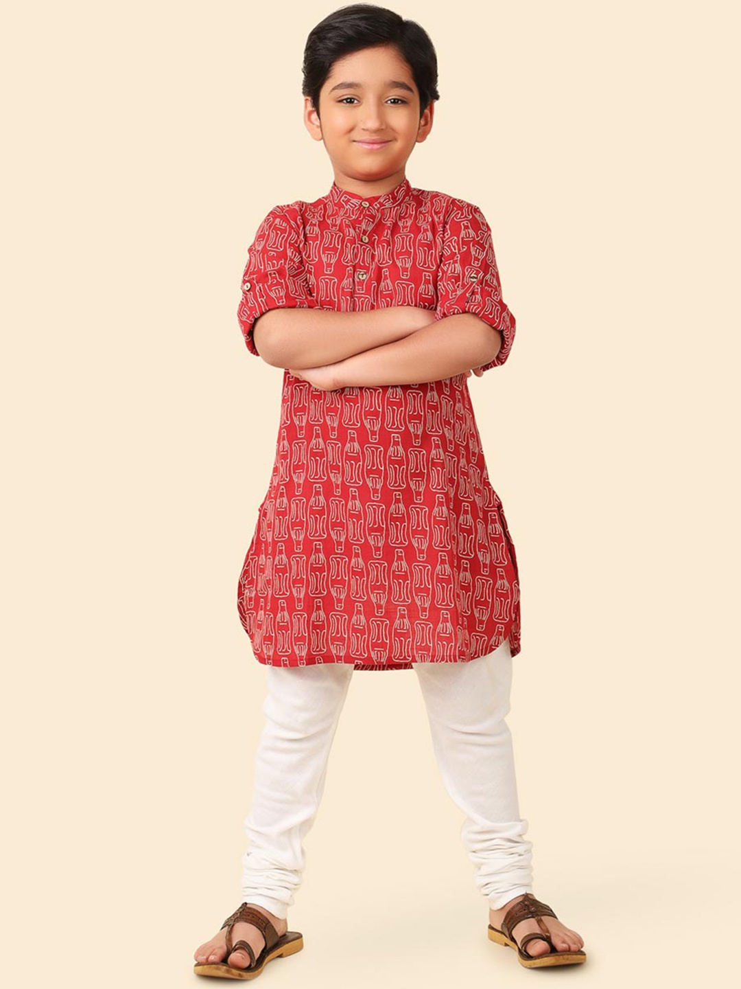 

Fabindia Boys Conversational Printed Band Collar Cotton Straight Kurta, Red