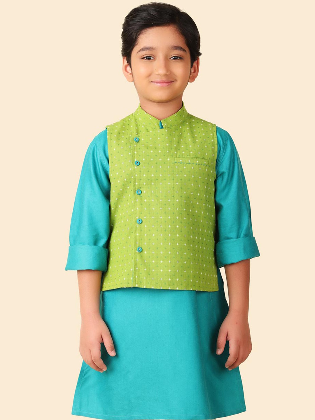 

Fabindia Boys Printed Pure Cotton Nehru Jackets, Green