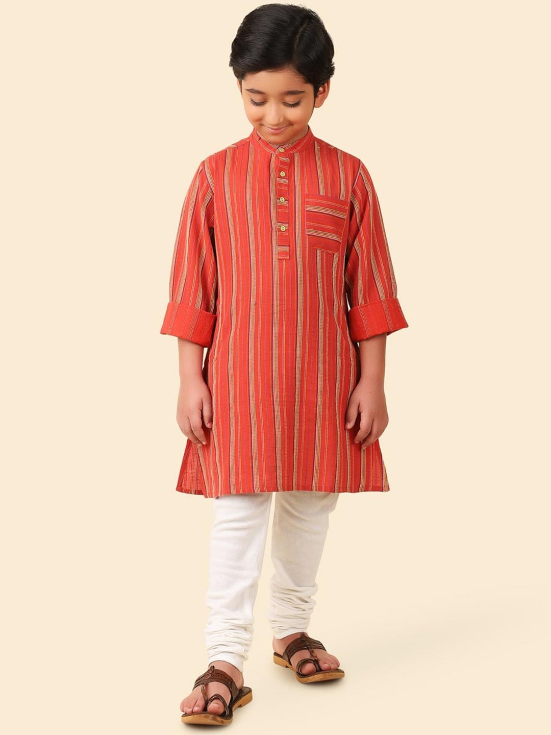 

Fabindia Boys Striped Band Collar Thread Work Detail Dobby Cotton Straight Kurta, Red