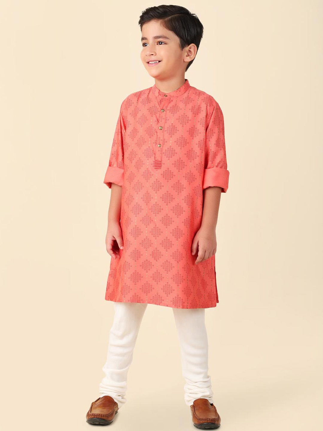 

Fabindia Boys Ethnic Motifs Printed Straight Kurta, Coral