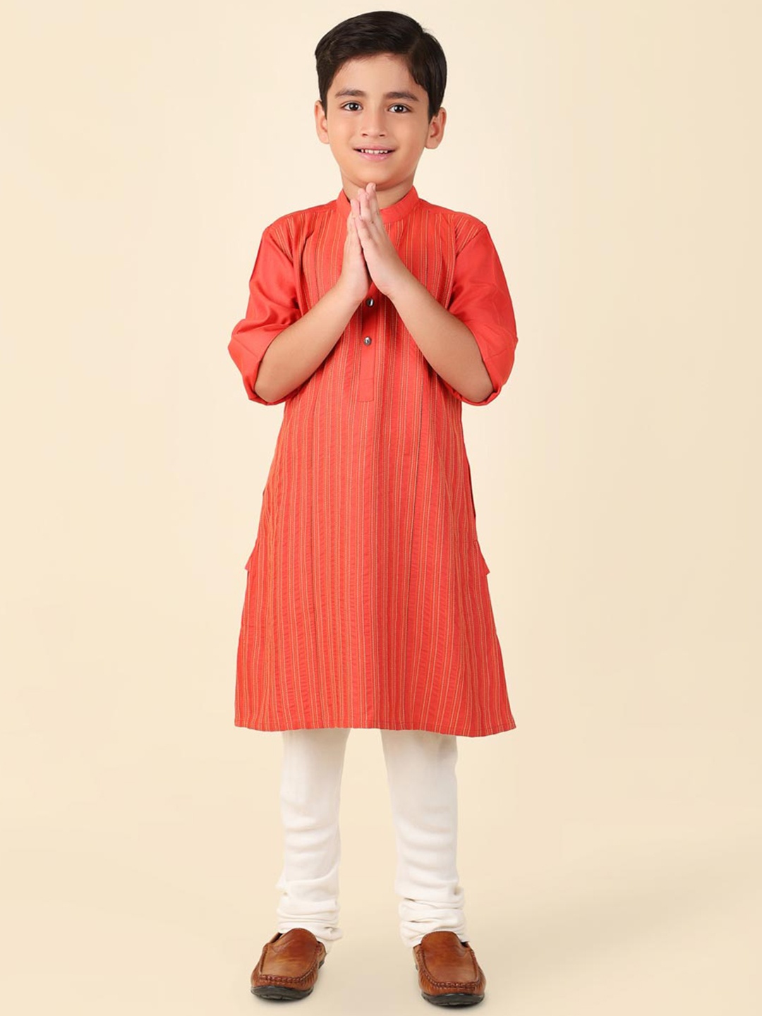 

Fabindia Boys Striped Embroidered Kurta, Rust