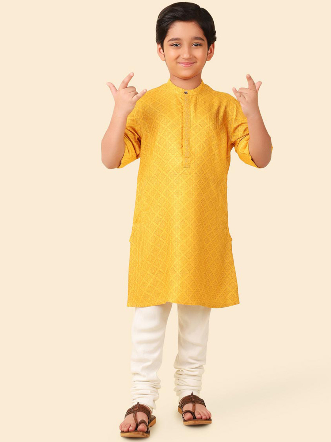 

Fabindia Boys Wven Design Band Collar Thread Work Dobby Straight Kurta, Yellow