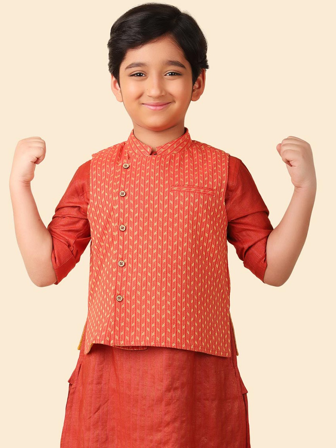 

Fabindia Boys Printed Cotton Nehru Jacket, Red