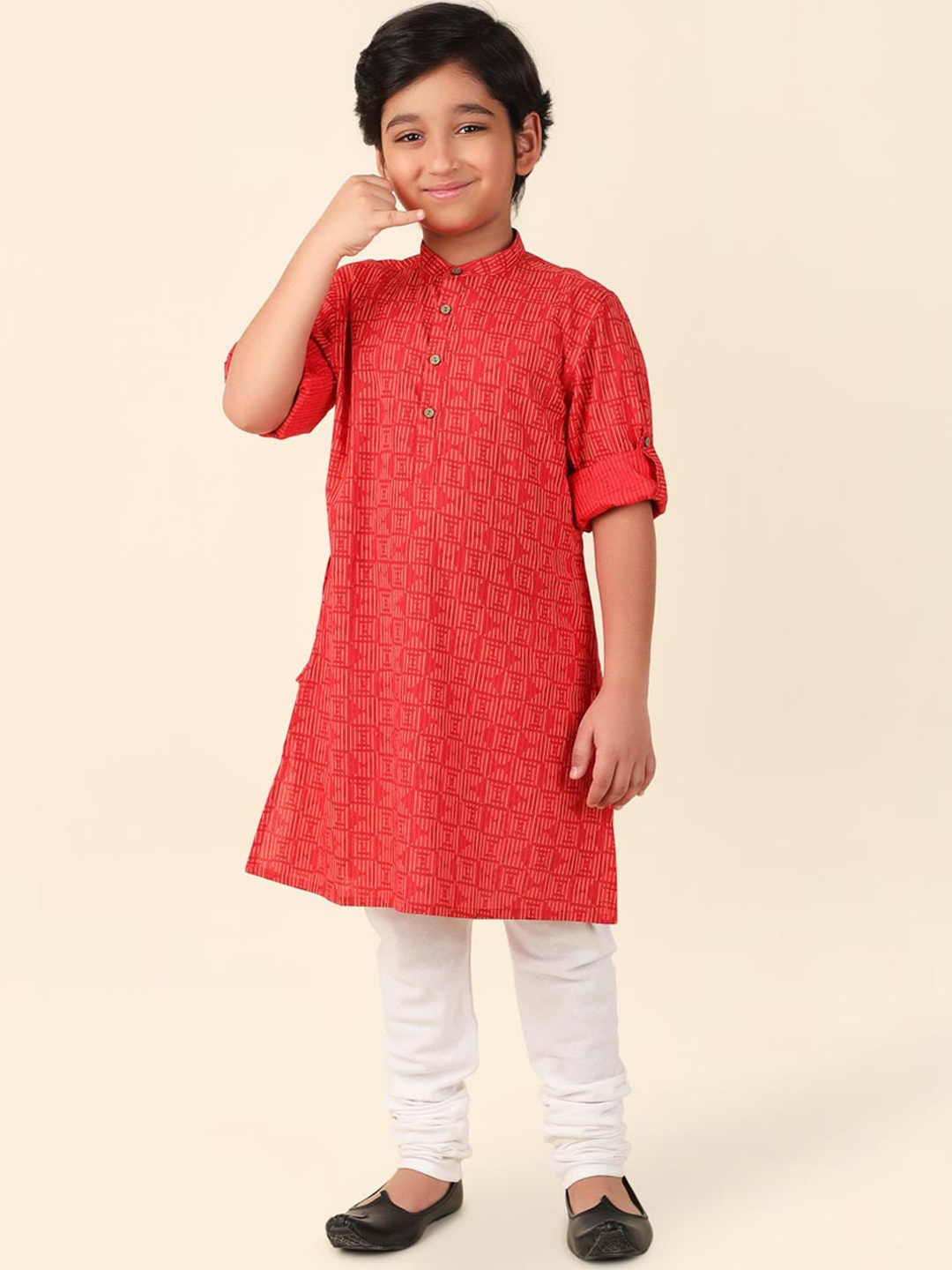 

Fabindia Boys Geometric Printed Band Collar Straight Kurta, Red