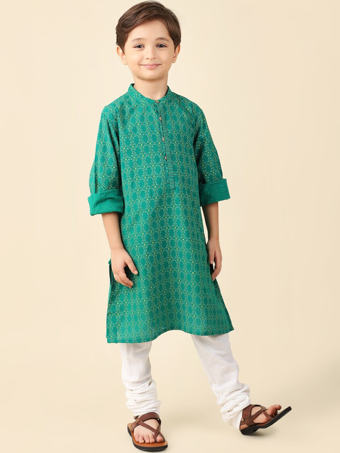 

Fabindia Boys Ethnic Motifs Printed Cotton Kurta, Green