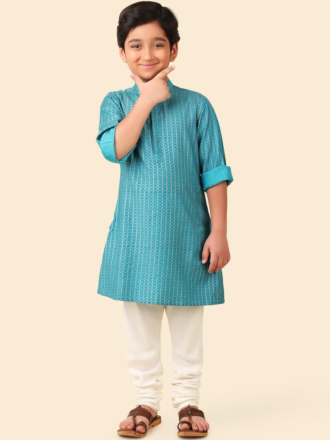 

Fabindia Boys Geometric Printed Band Collar Straight Kurta, Teal