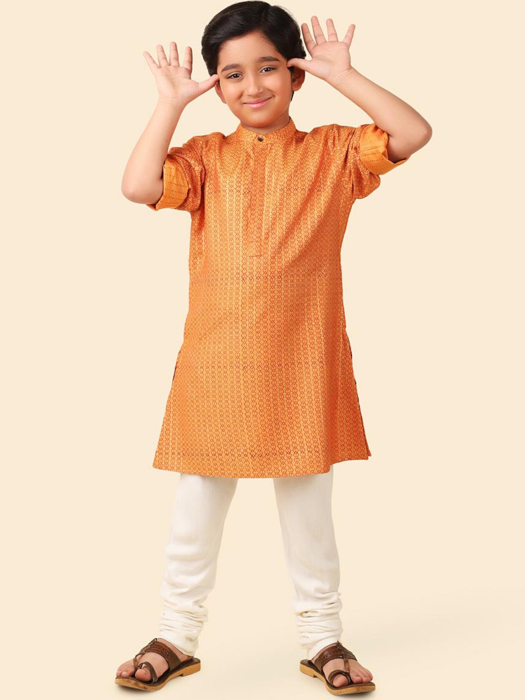 

Fabindia Boys Geometric Printed Band Collar Straight Kurta, Orange
